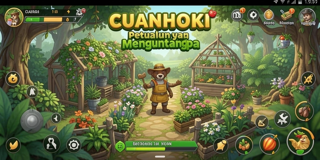 Tampilan gameplay seru di CUANHOKI dengan kebun yang subur dan hewan ternak.