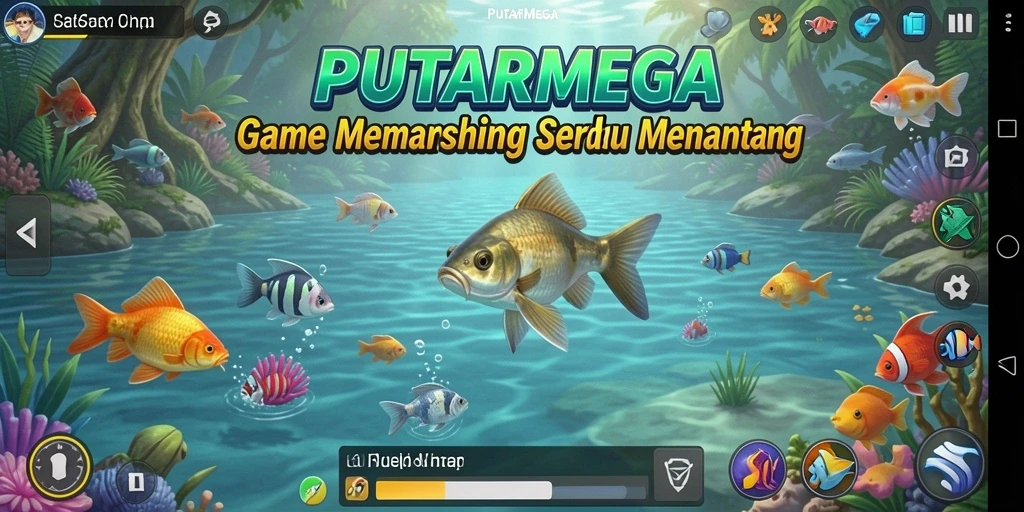 Screenshot gameplay PUTARMEGA menampilkan aksi memancing yang seru.