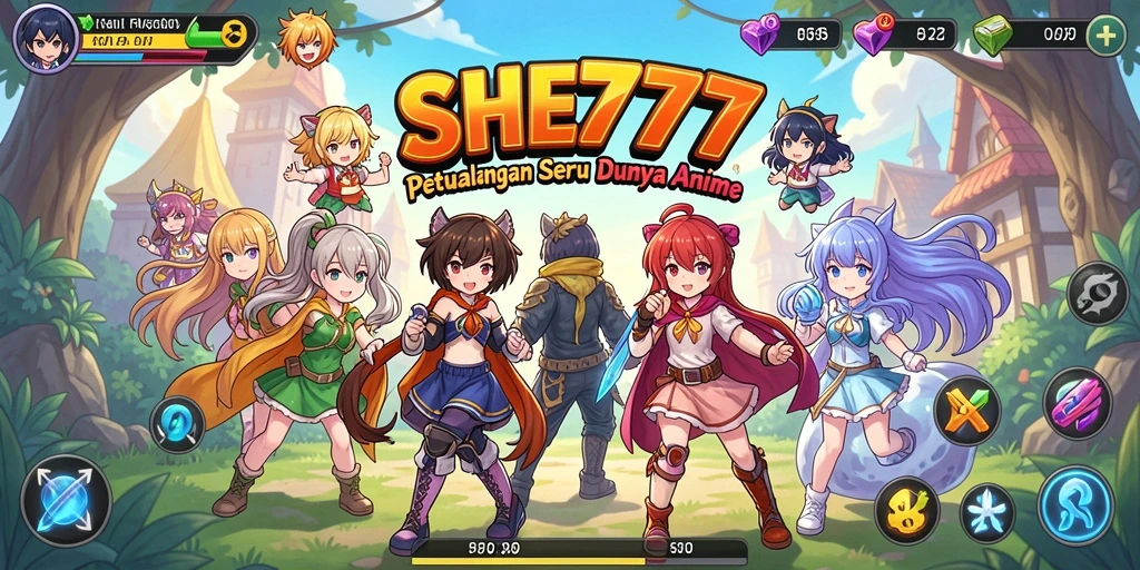 Tampilan gameplay menakjubkan dalam SHE777 dengan karakter anime yang beraksi.